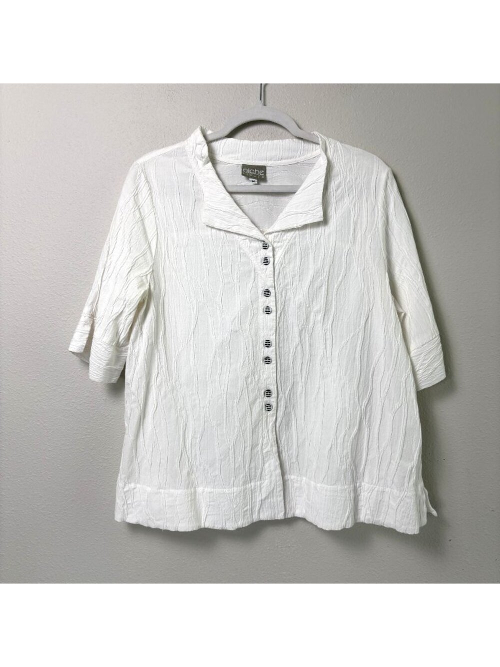 Niche Nilgun Derman Button Up Blouse Size M White Textured Lagenlook Artsy Top